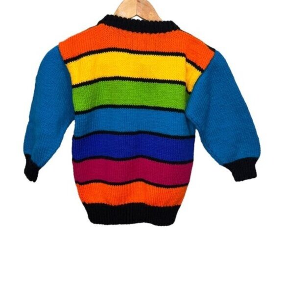 Handmade Knit Crew Neck Rainbow Colourblock 80s Inspired Sweater Size 6 - Picture 2 of 9